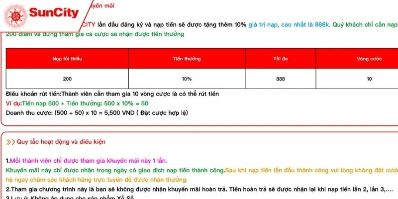 Thông tin ưu đãi nhận thưởng 10% từ Suncity888